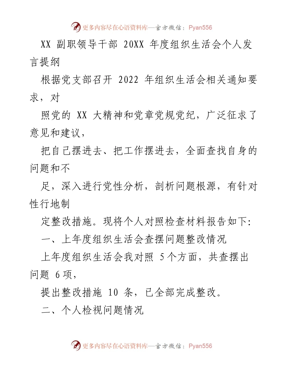 [发言] 组织生活会 - XX副职领导干部年度个人发言提纲.docx_第1页