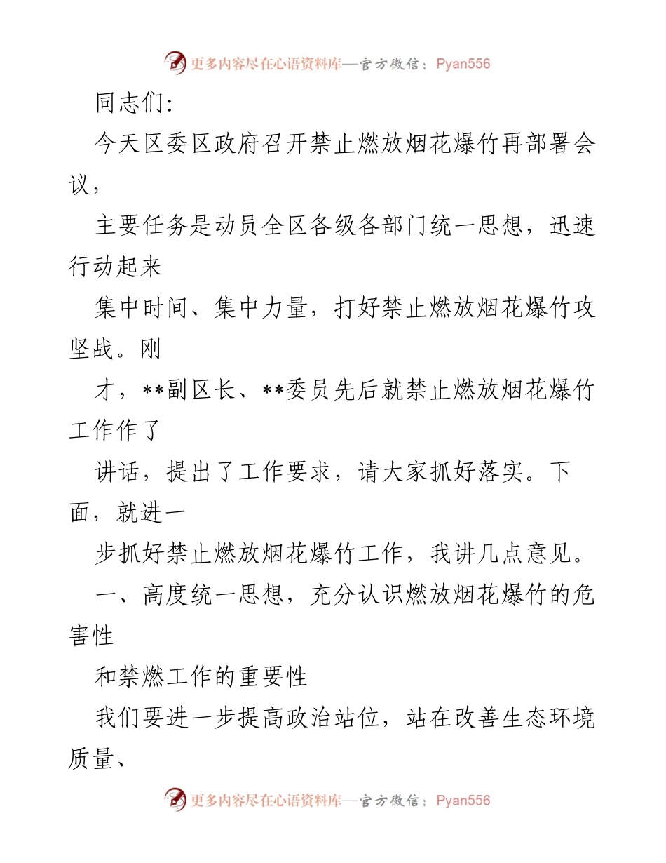 [发言] 禁止燃放烟花爆竹再部署会议 - 动员全区力量共同打响禁燃攻坚战.docx_第1页