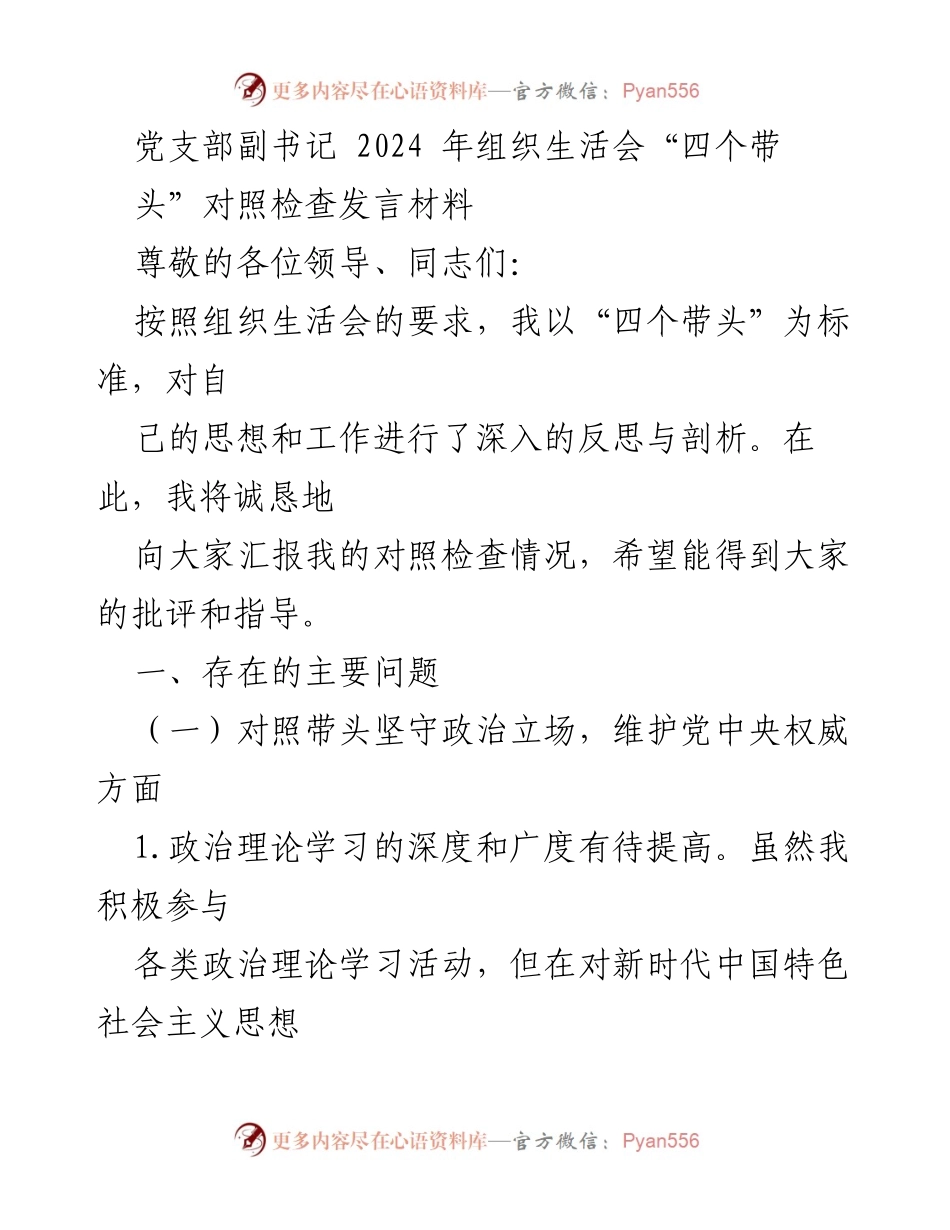 [发言] 组织生活会 - 党支部副书记2024年组织生活会对照检查发言材料.docx_第1页