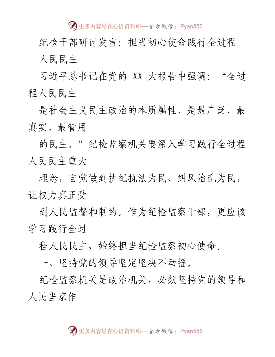 [发言] 纪检干部研讨会 - 坚持初心使命，践行全过程人民民主.docx_第1页