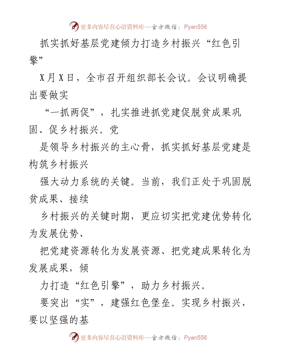 [发言] 组织部长会议 - 抓实基层党建，助力乡村振兴“红色引擎”.docx_第1页