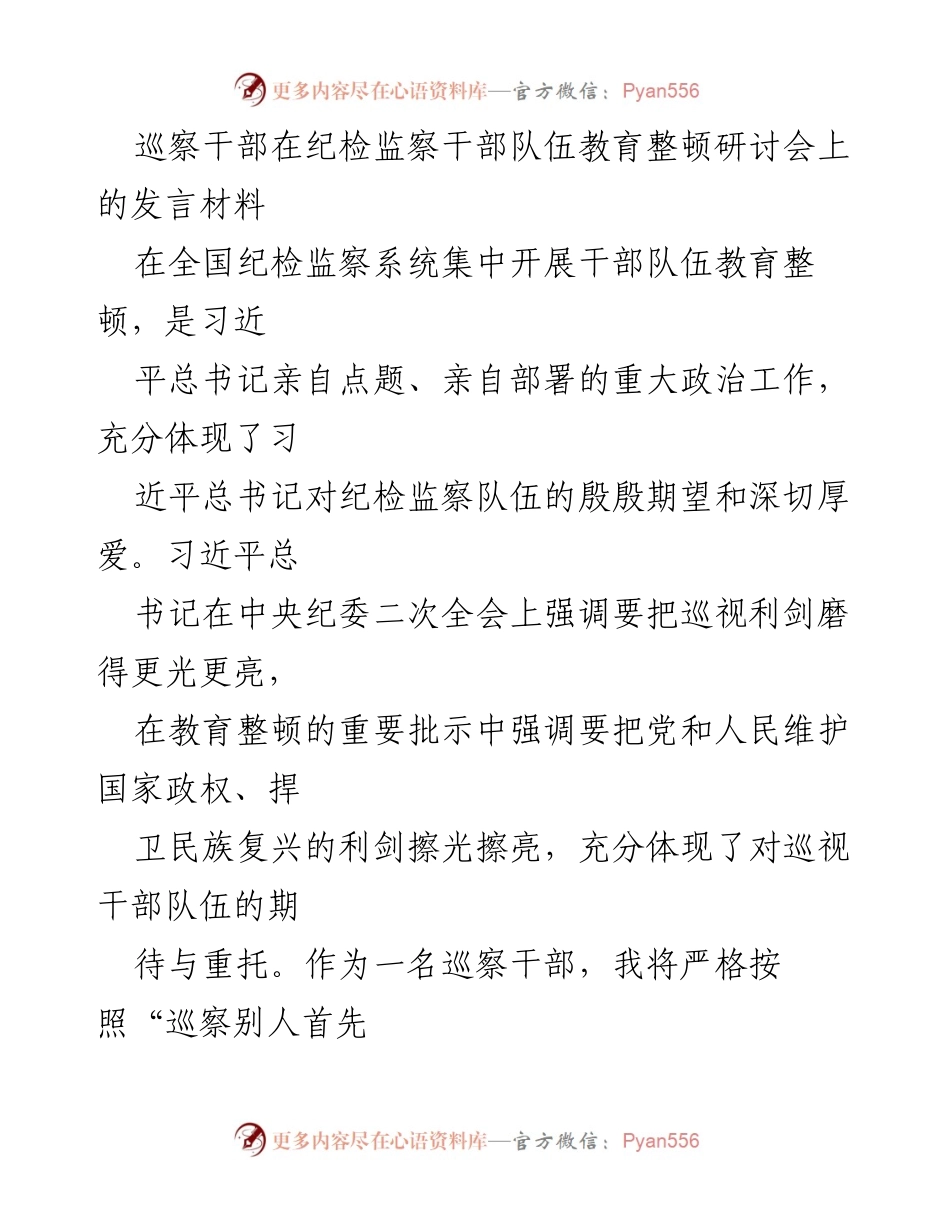[发言] 纪检监察干部队伍教育整顿研讨会 - 巡察干部的使命与责任.docx_第1页
