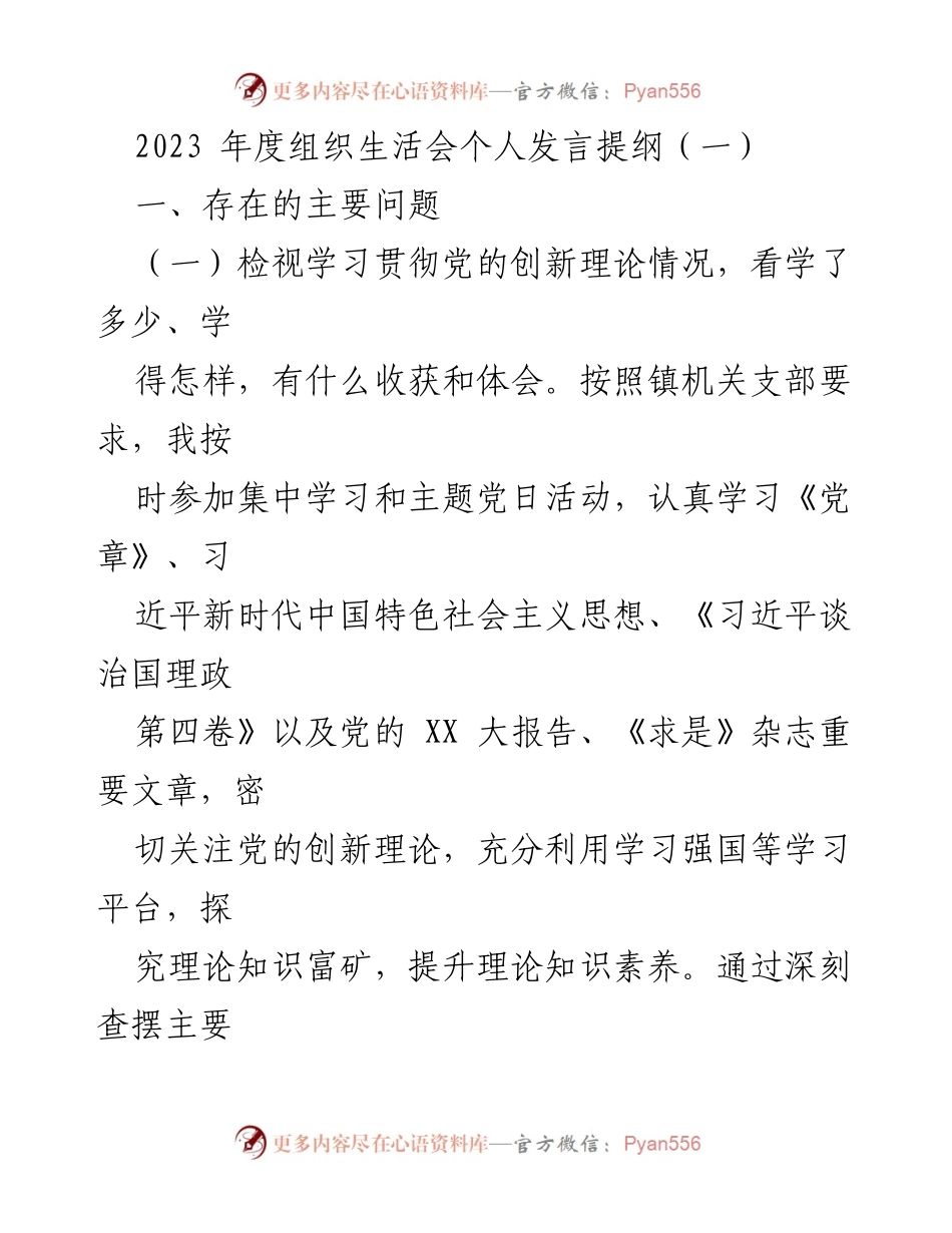 [发言] 组织生活会 - 2023年度个人发言提纲及问题检视.docx_第1页
