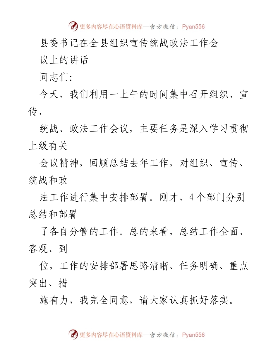 [发言] 组织宣传统战政法工作会议 - 全面部署组织宣传统战政法工作，推动高质量发展.docx_第1页