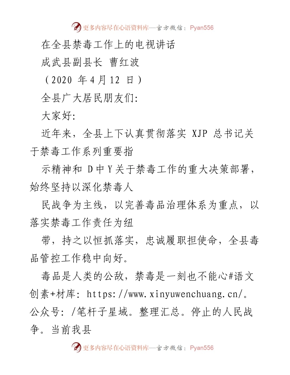 [发言] 禁毒工作电视讲话 - 全县禁毒工作的重要性与法律责任.docx_第1页