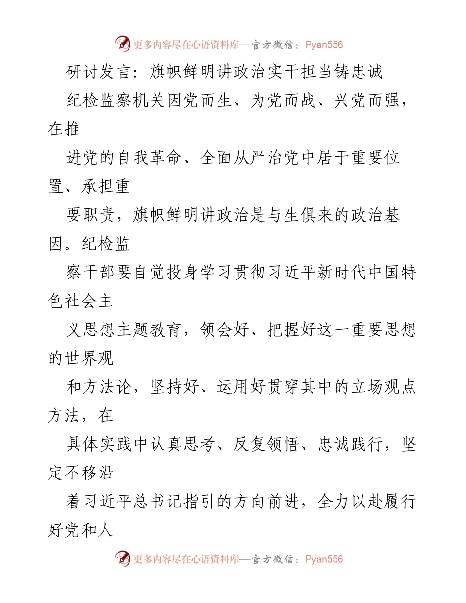 [发言] 纪检监察机关研讨会 - 旗帜鲜明讲政治，强化政治能力与理论学习.docx_第1页