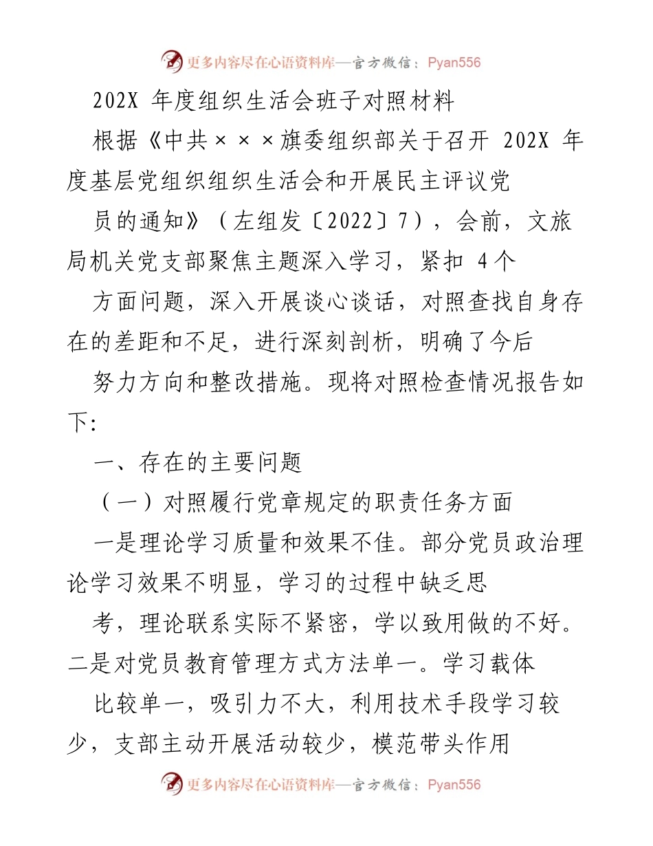 [发言] 组织生活会 - 202X年度文旅局机关党支部组织生活会班子对照材料分析报告.docx_第1页