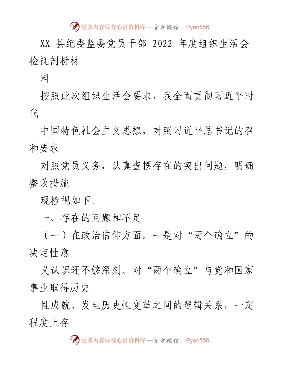 [发言] 纪委监委组织生活会 - 2022年度党员干部自我检视与整改分析报告.docx_第1页