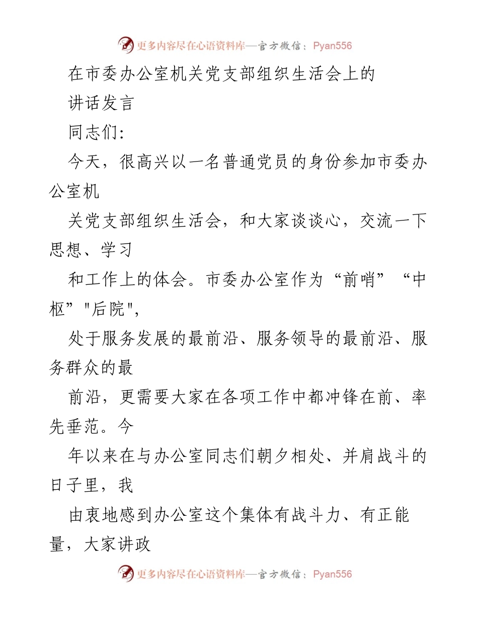 [发言] 组织生活会 - 坚定信念，勇担使命：在市委办公室机关党支部组织生活会上的讲话.docx_第1页
