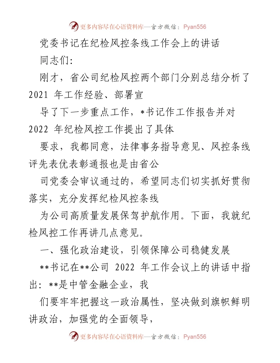 [发言] 纪检风控条线工作会 - 加强政治建设，保障公司稳健发展.docx_第1页