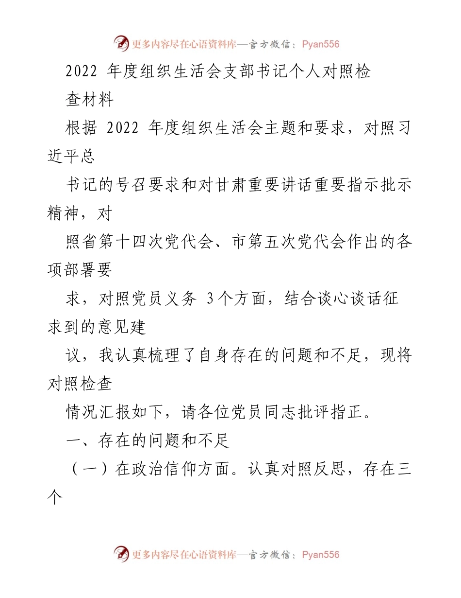 [发言] 组织生活会 - 2022年度支部书记个人对照检查材料总结_1.docx_第1页