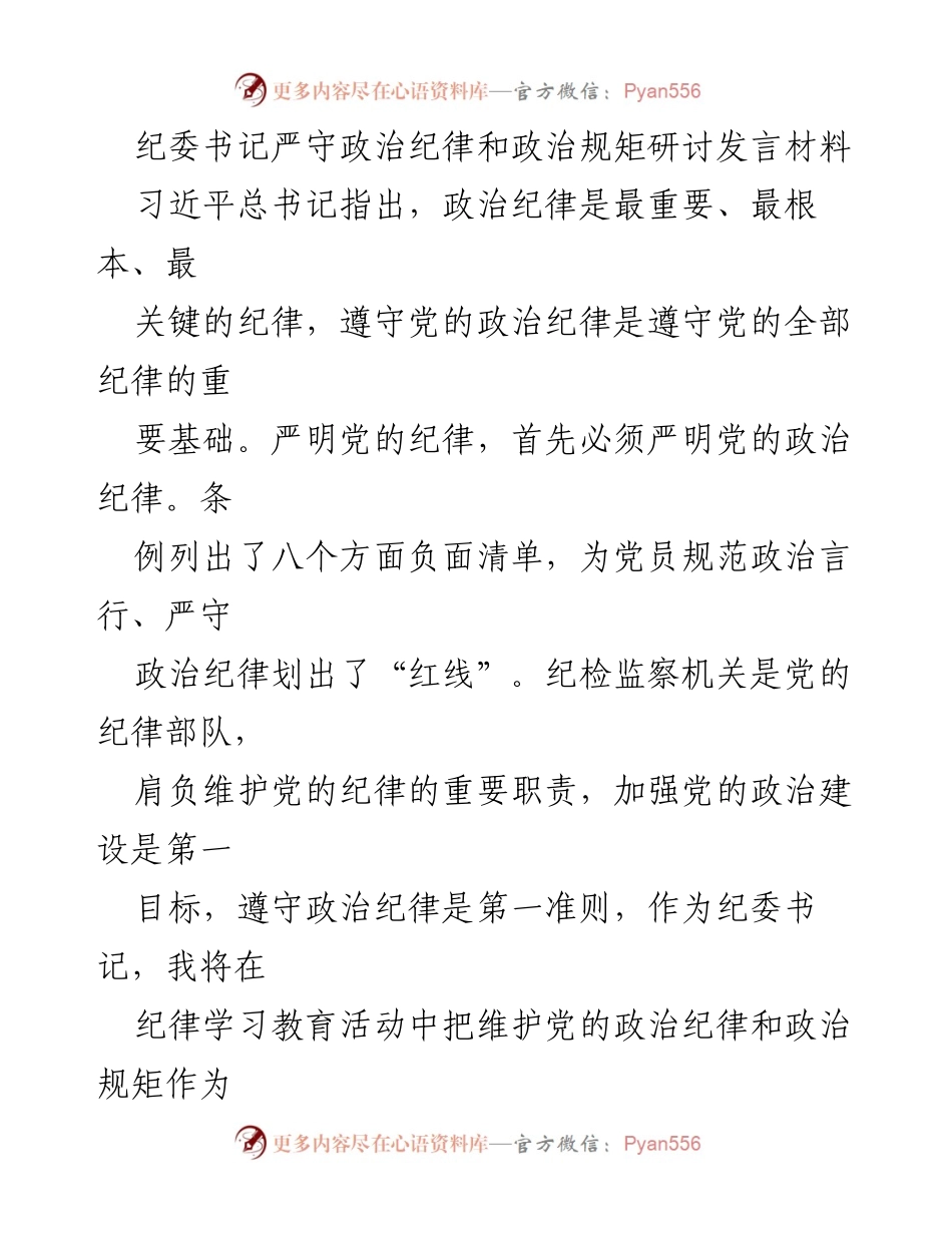 [发言] 纪委书记研讨会 - 严守政治纪律与规矩的责任与实践.docx_第1页