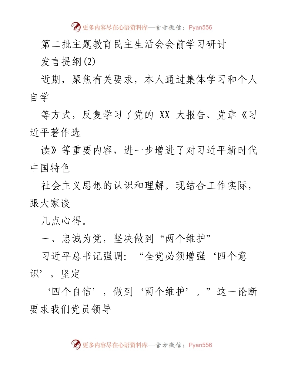 [发言] 第二批主题教育民主生活会 - 深化理论学习，践行党的宗旨与使命.docx_第1页