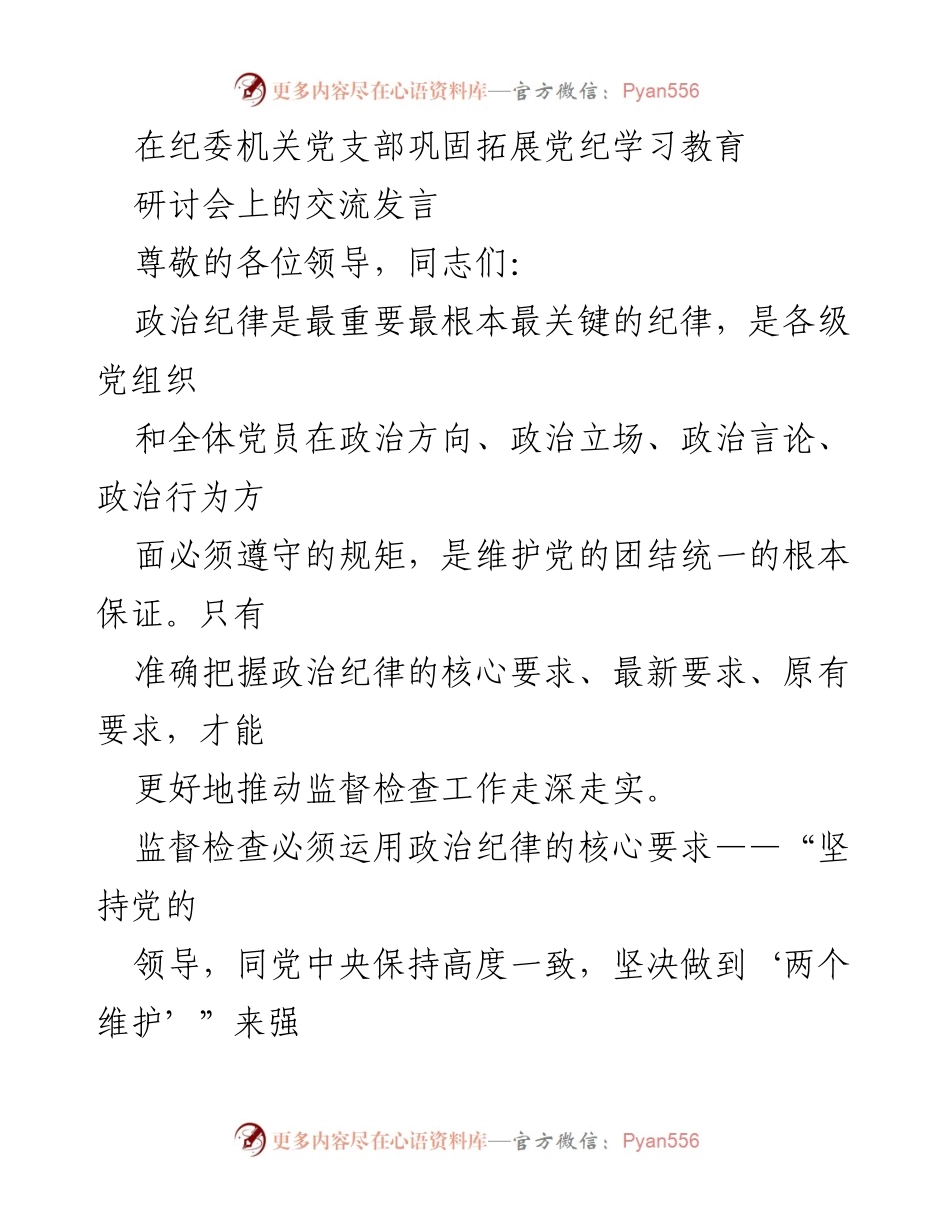 [发言] 纪委机关党支部研讨会 - 加强政治纪律监督，保障党中央决策落实.docx_第1页