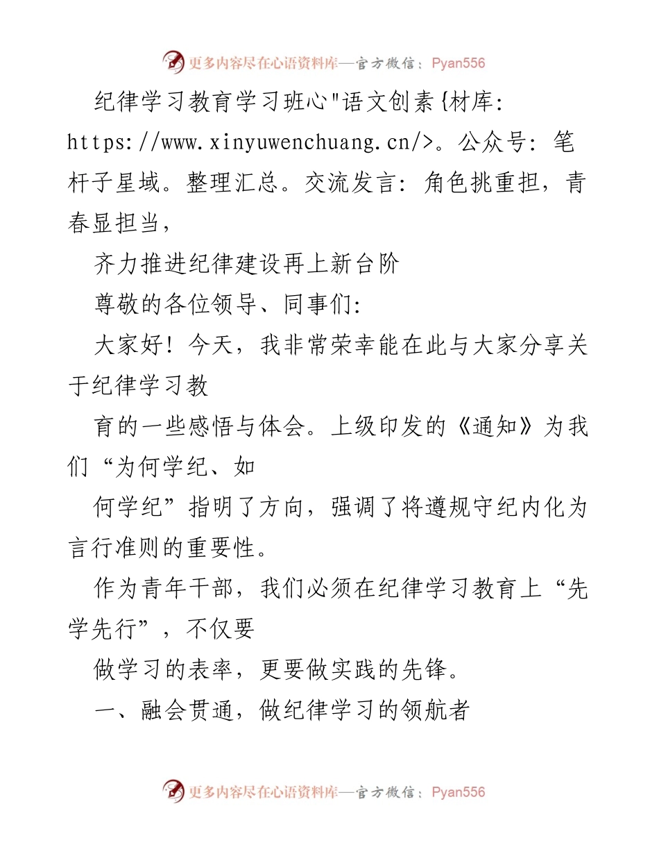 [发言] 纪律学习教育学习班 - 青年干部的责任与担当：推动纪律建设新进展.docx_第1页