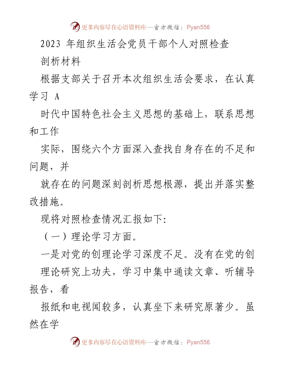 [发言] 组织生活会 - 2023年党员干部个人对照检查与整改措施分析.docx_第1页