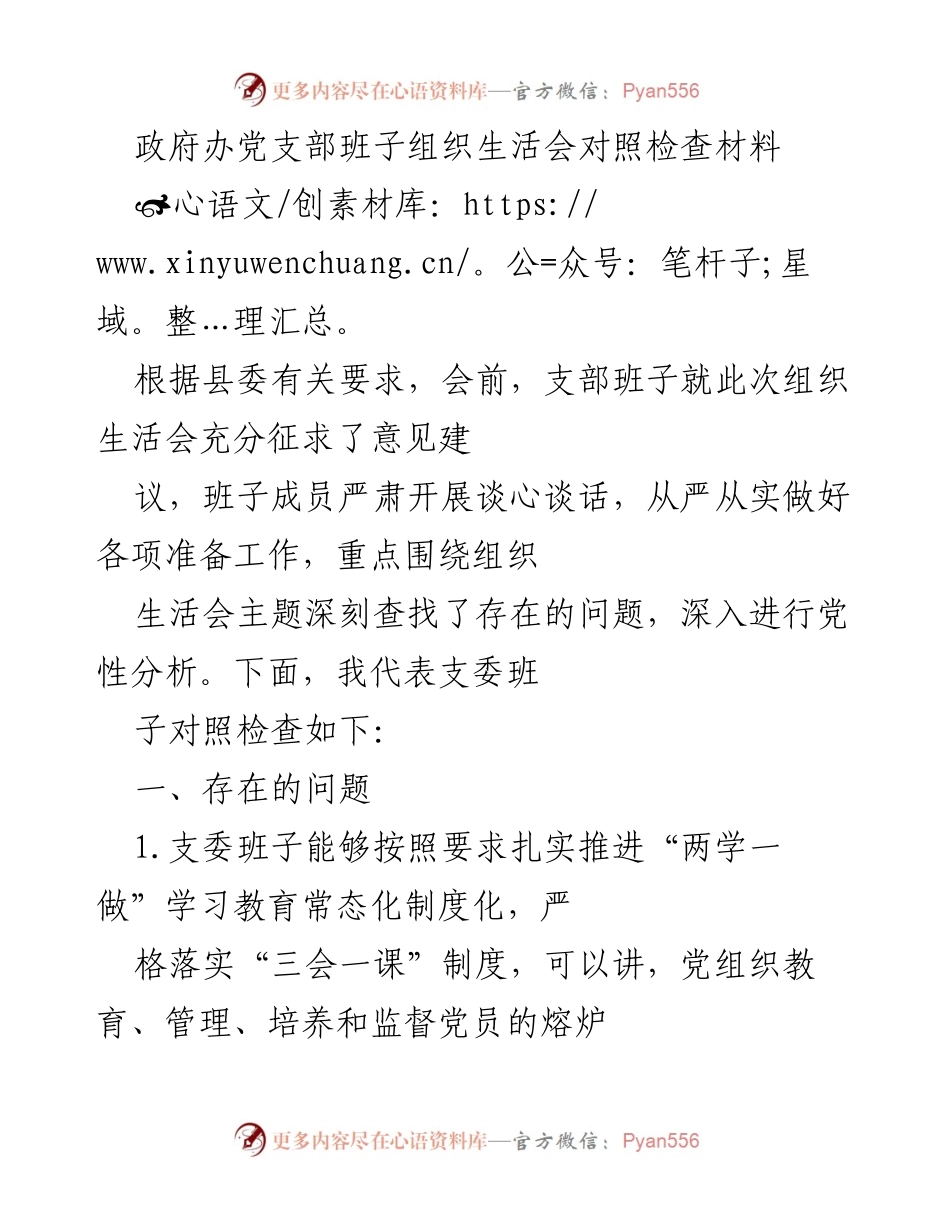 [发言] 组织生活会 - 政府办党支部班子对照检查发言材料.docx_第1页