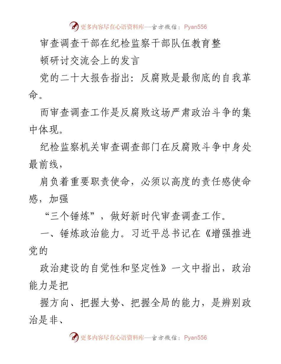 [发言] 纪检监察干部队伍教育整顿研讨交流会 - 加强审查调查工作，提升政治能力与斗争精神.docx_第1页