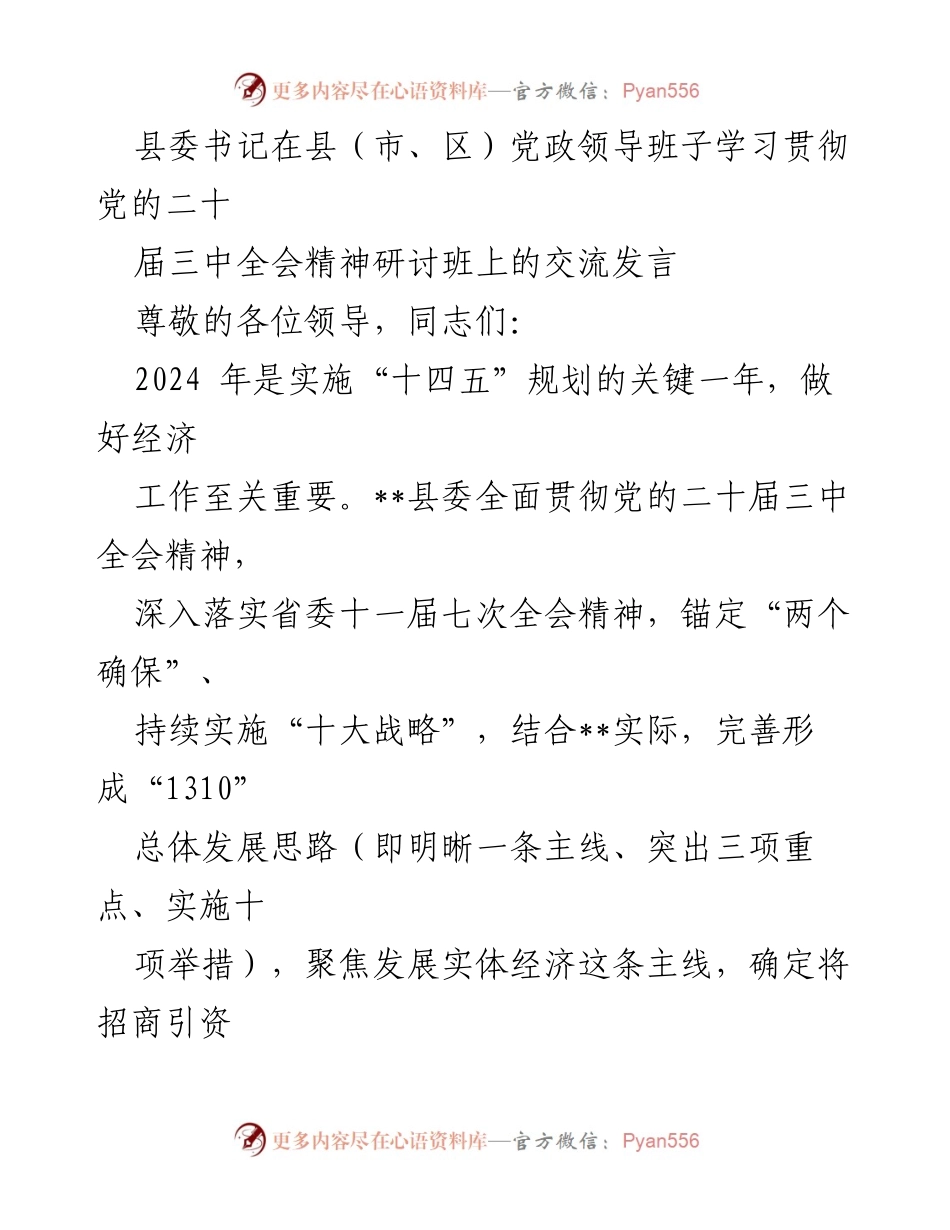 [发言] 研讨班 - 深入落实党的二十届三中全会精神，推动高质量发展新举措.docx_第1页