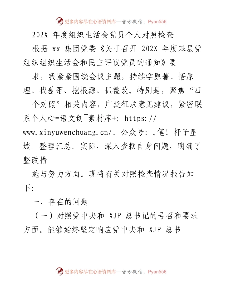 [发言] 组织生活会 - 202X年度党员个人对照检查总结.docx_第1页