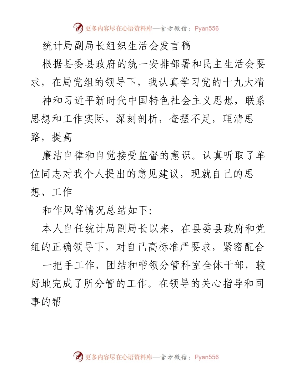 [发言] 组织生活会 - 统计局副局长发言总结与自我剖析.docx_第1页