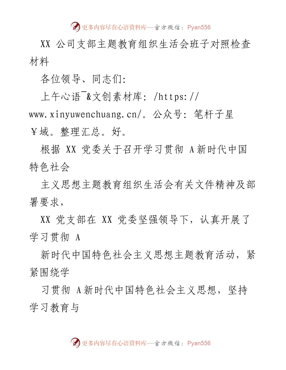 [发言] 组织生活会 - XX公司支部主题教育对照检查报告.docx_第1页