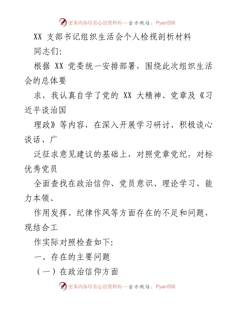 [发言] 组织生活会 - XX支部书记个人检视剖析材料.docx_第1页
