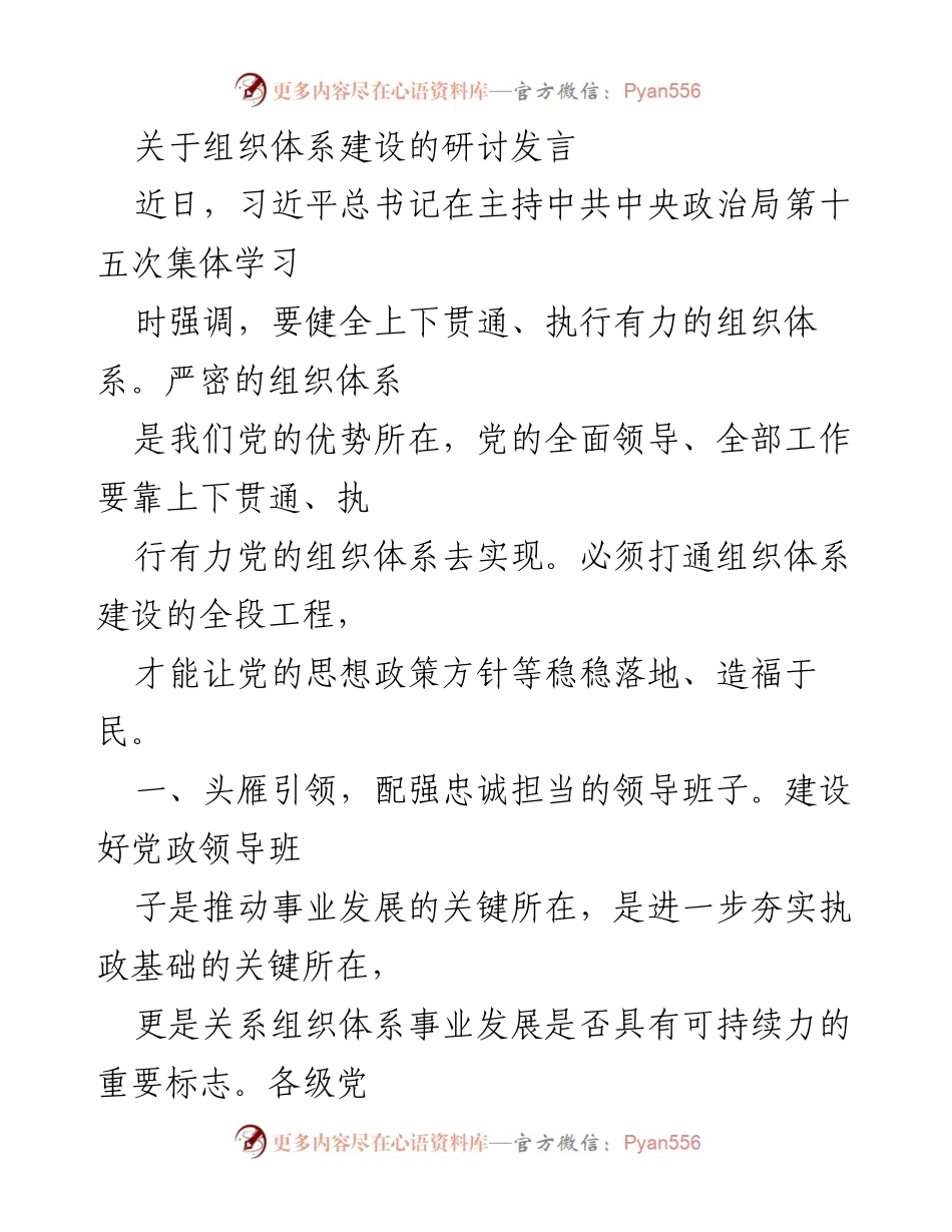 [发言] 组织体系建设研讨会 - 加强党的组织体系建设，提升治理能力与服务水平.docx_第1页