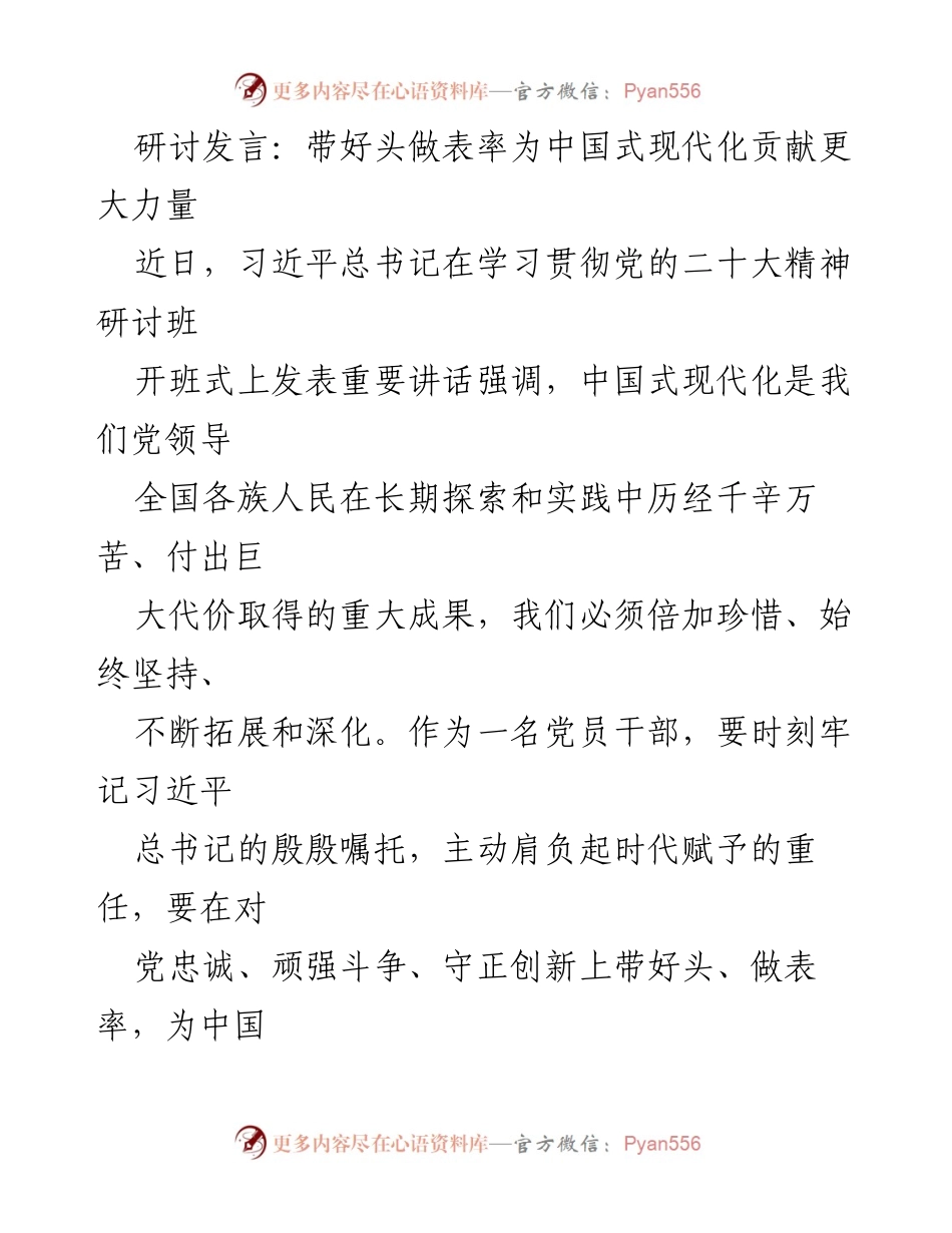[发言] 研讨班 - 带好头做表率，为中国式现代化贡献更大力量.docx_第1页