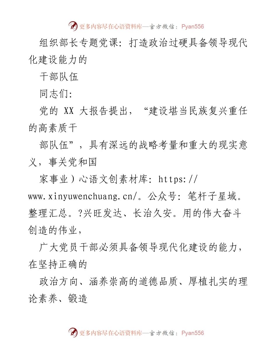 [发言] 组织部长专题党课 - 打造高素质干部队伍，增强现代化建设能力.docx_第1页