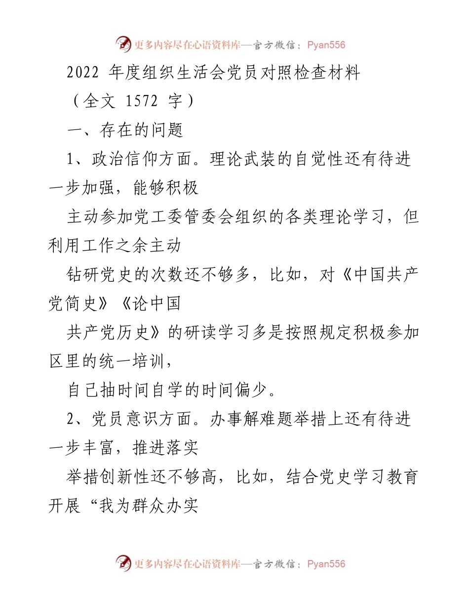 [发言] 组织生活会 - 2022年度党员对照检查总结报告.docx_第1页