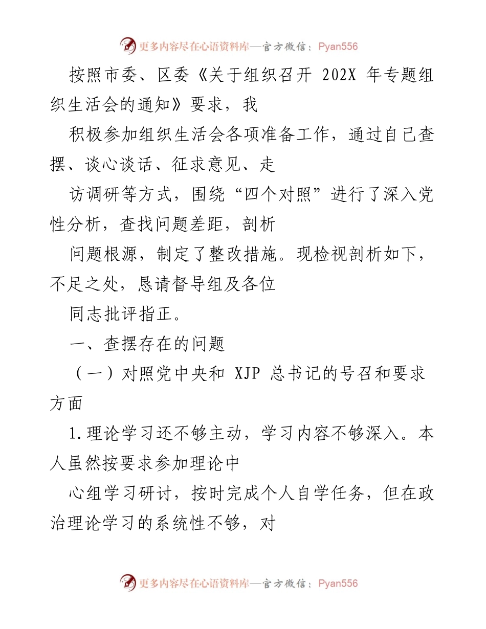 [发言] 组织生活会 - 202X年专题组织生活会问题查摆与整改措施剖析.docx_第1页