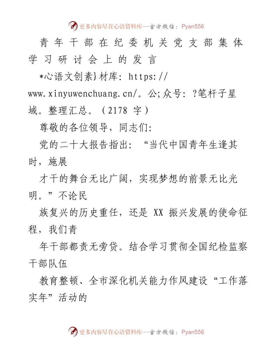 [发言] 纪委机关党支部集体学习研讨会 - 青年干部的责任与担当.docx_第1页