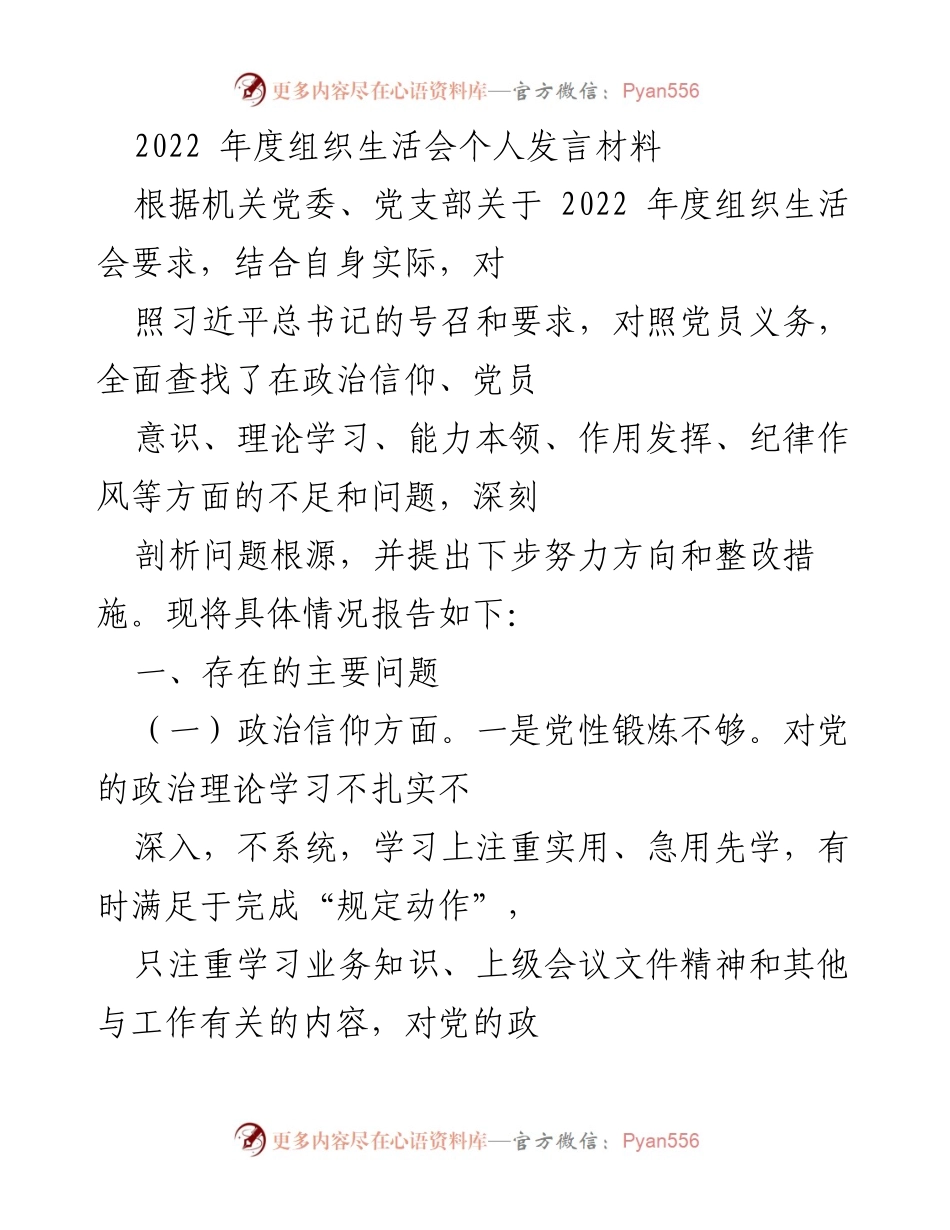 [发言] 组织生活会 - 2022年度个人发言材料总结与整改措施.docx_第1页