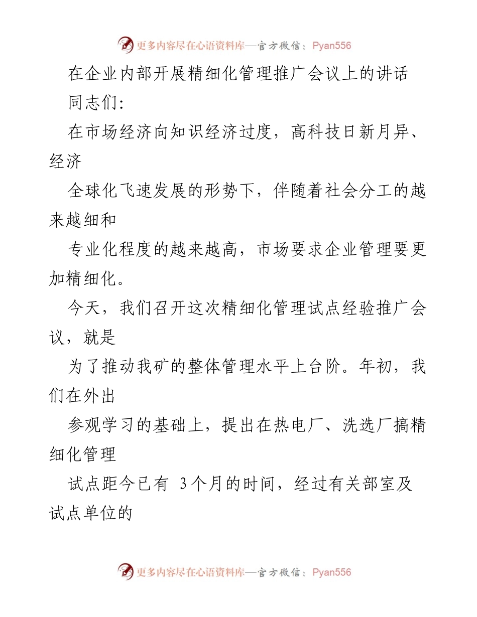 [发言] 精细化管理推广会议 - 推动精细化管理提升企业整体管理水平.docx_第1页