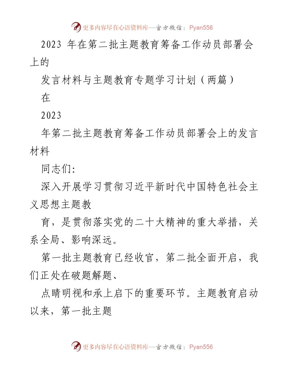 [发言] 第二批主题教育筹备工作动员部署会 - 高标准高质量推进第二批主题教育的关键策略.docx_第1页