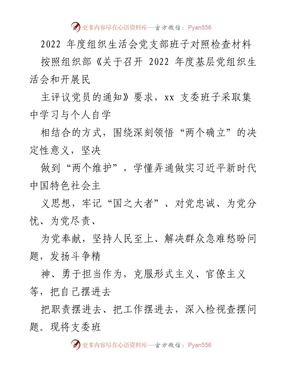 [发言] 组织生活会 - 2022年度党支部班子对照检查与问题分析报告.docx_第1页