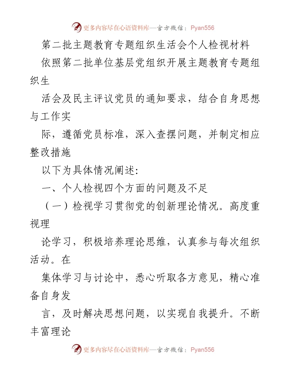 [发言] 组织生活会 - 第二批主题教育专题组织生活会个人检视材料.docx_第1页