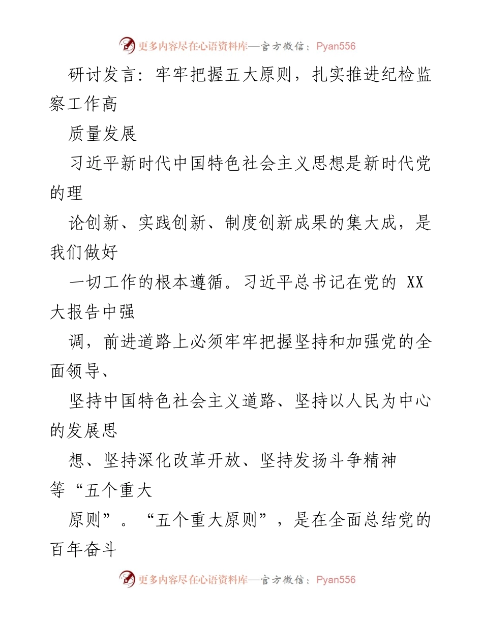 [发言] 纪检监察工作研讨会 - 牢牢把握五大原则，推动纪检监察高质量发展.docx_第1页