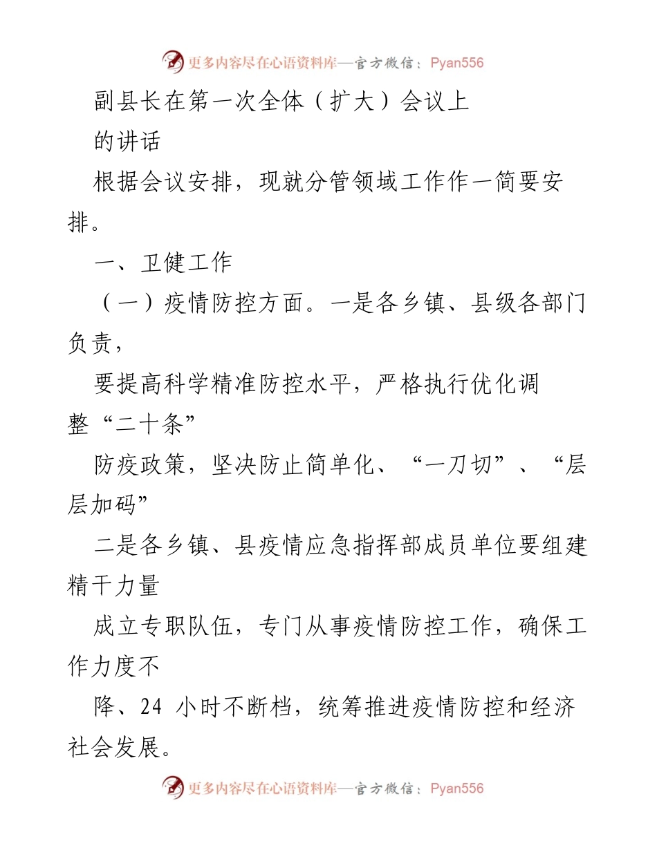 [发言] 第一次全体（扩大）会议 - 副县长关于卫健、教育及民政工作安排的讲话.docx_第1页