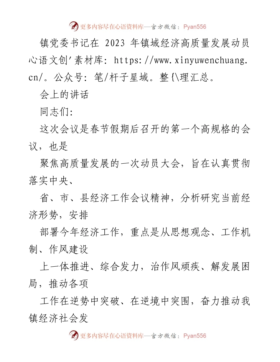 [发言] 经济发展动员会 - 镇党委书记在2023年镇域经济高质量发展动员会上的讲话.docx_第1页