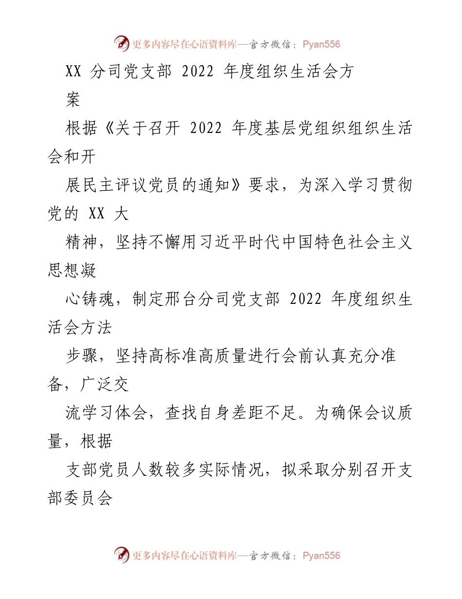 [发言] 组织生活会 - XX分司党支部2022年度组织生活会方案.docx_第1页