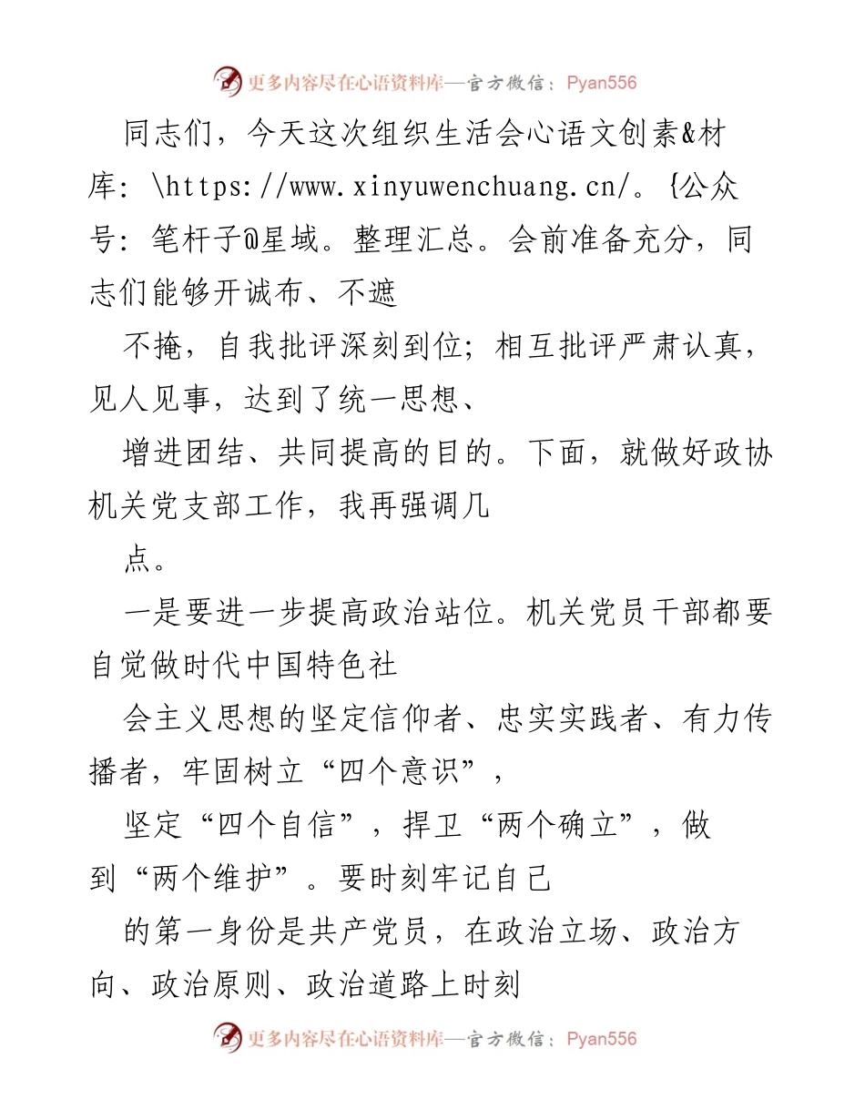 [发言] 组织生活会 - 提升政治站位与理论学习，强化党支部建设与问题整改.docx_第1页