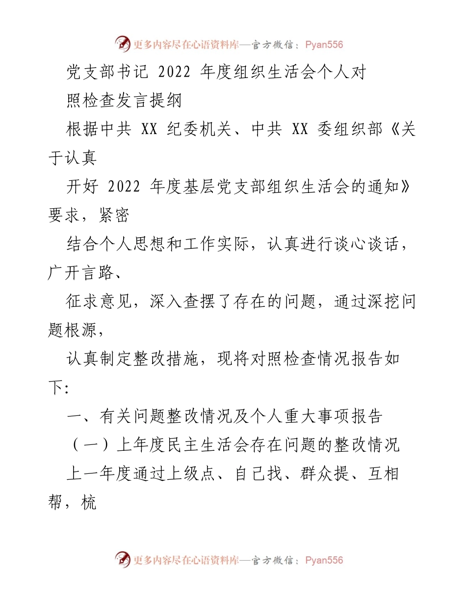 [发言] 组织生活会 - 2022年度党支部书记个人对照检查发言提纲_3.docx_第1页