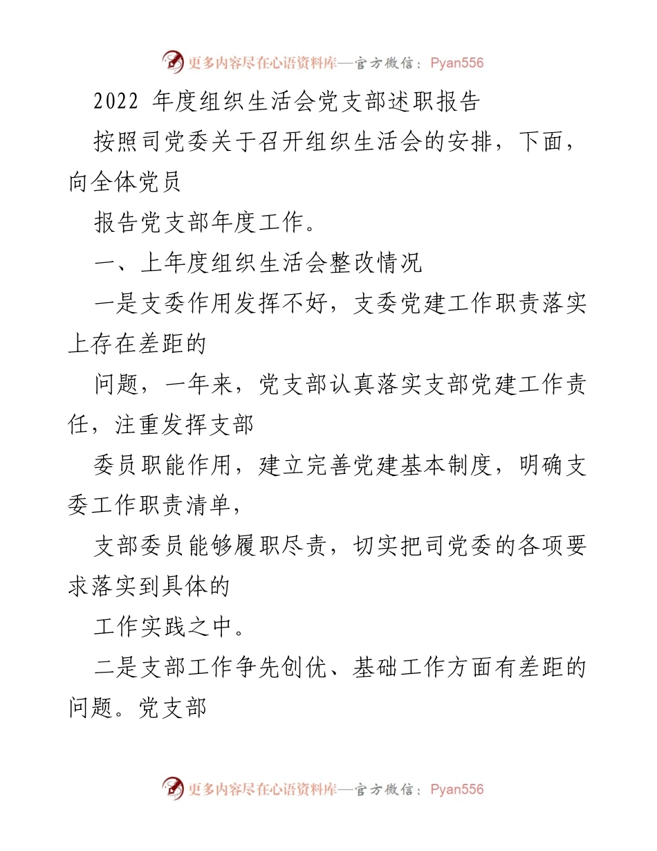 [发言] 组织生活会 - 2022年度党支部述职报告总结与反思.docx_第1页