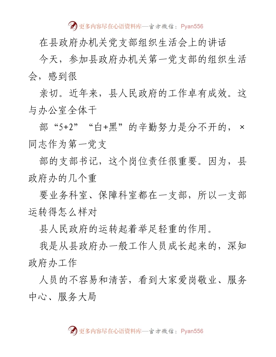 [发言] 组织生活会 - 强化思想引领，推动县政府办高效运转.docx_第1页