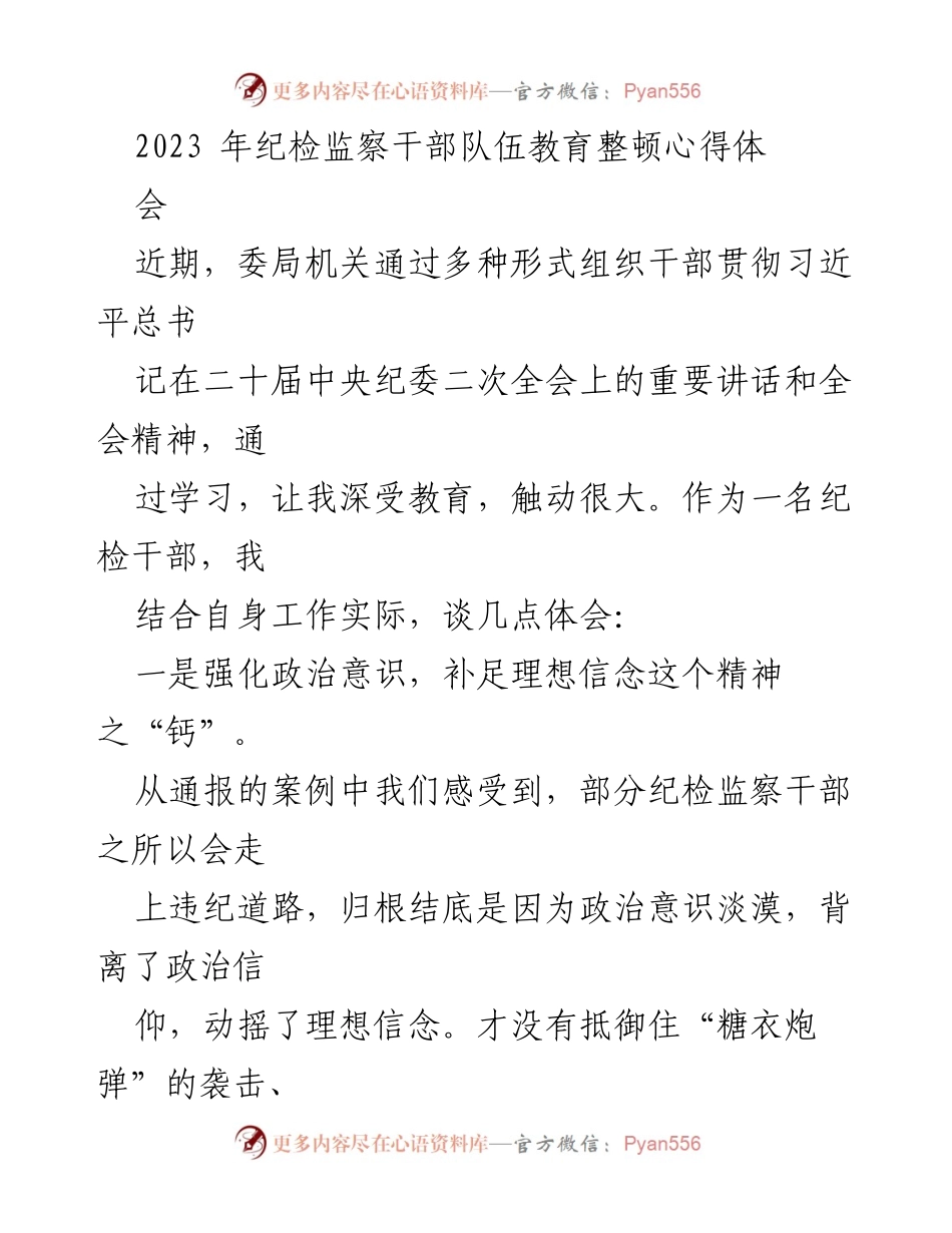 [发言] 纪检监察干部队伍教育整顿心得体会 - 强化政治意识与自律，筑牢纪检干部拒腐防变的思想防线.docx_第1页