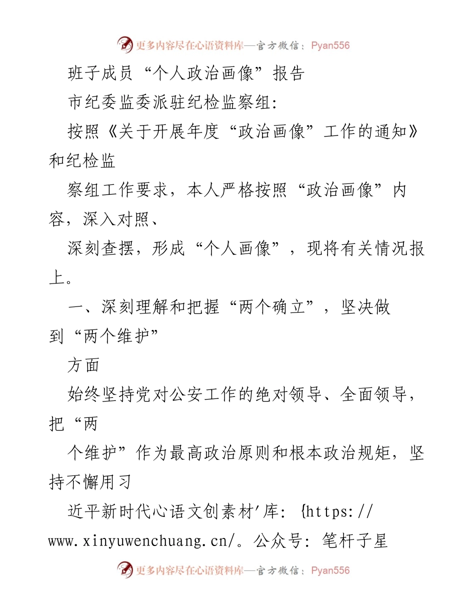 [发言] 纪检监察组工作会议 - 班子成员个人政治画像报告总结.docx_第1页