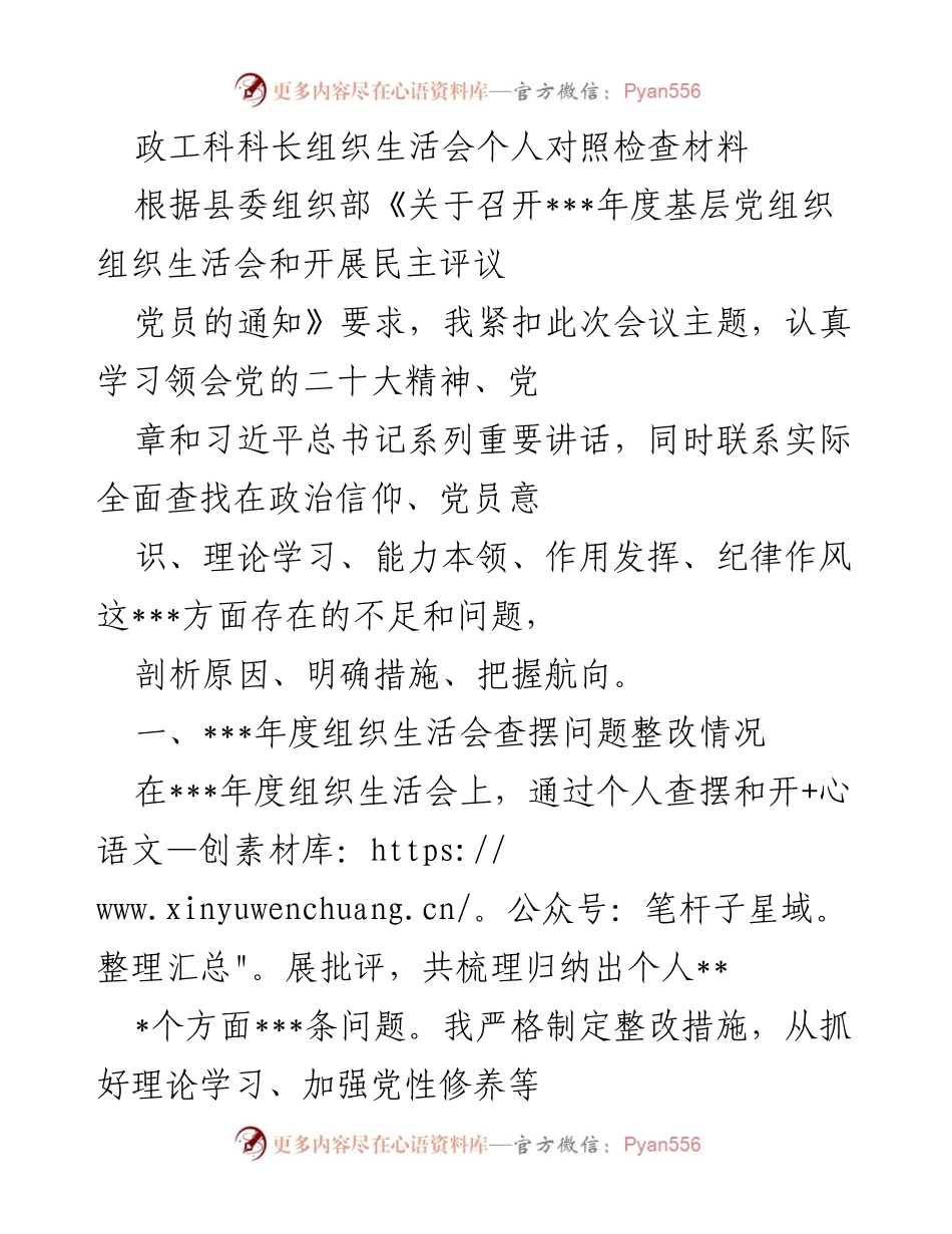 [发言] 组织生活会 - 政工科科长个人对照检查与整改措施总结.docx_第1页