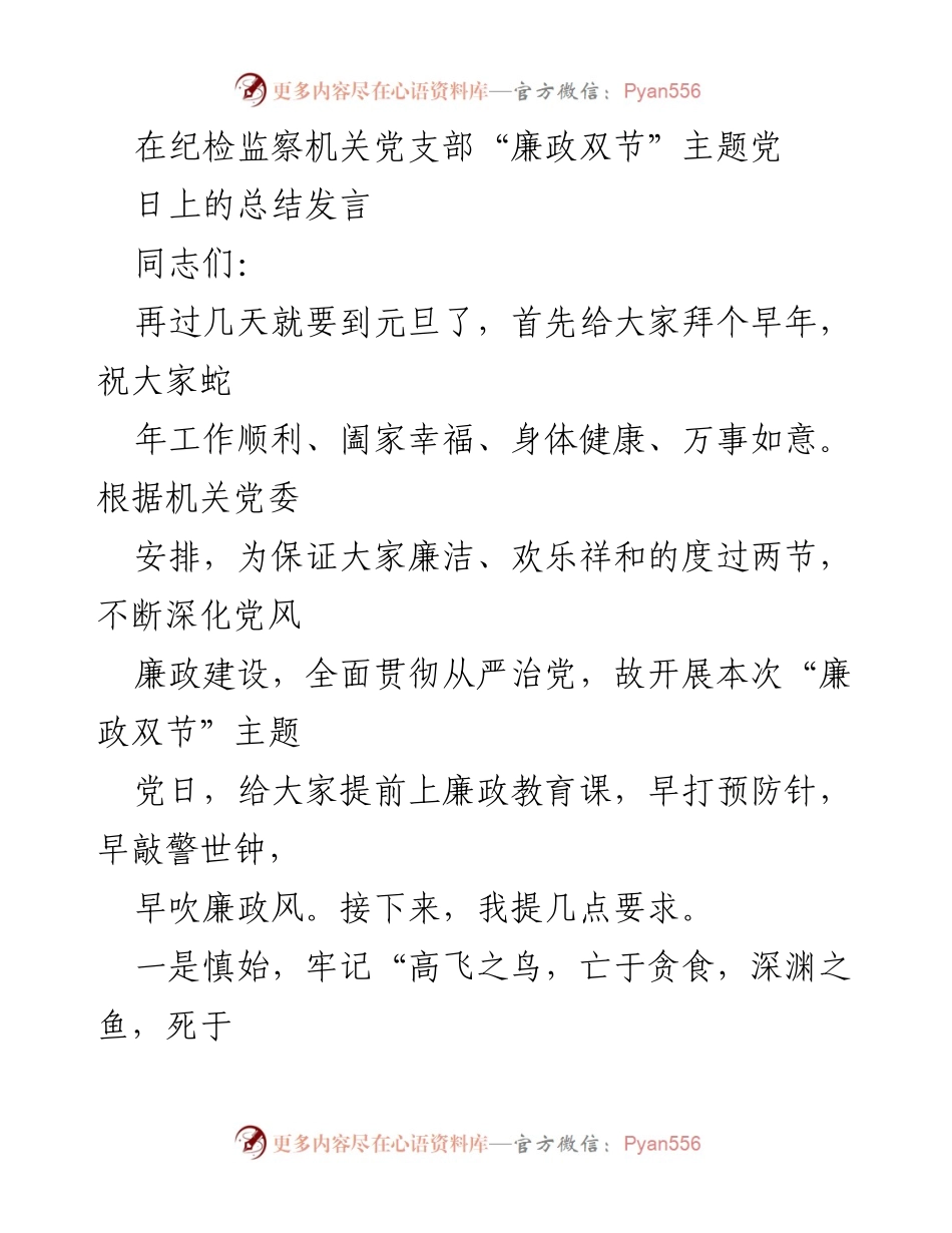[发言] 纪检监察机关党支部“廉政双节”主题党日 - “廉政双节”主题教育发言总结.docx_第1页